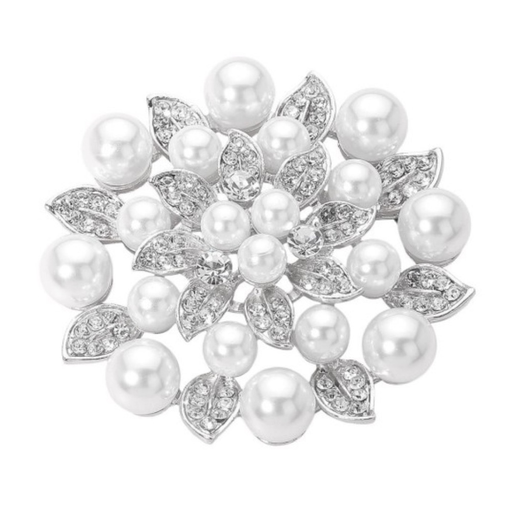 Rhinestone Pearl Embellished Elegant Floral Pin Brooch